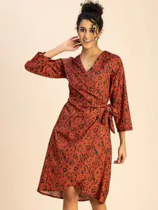 Moomaya V Neck Printed Crepe Wrap Dress