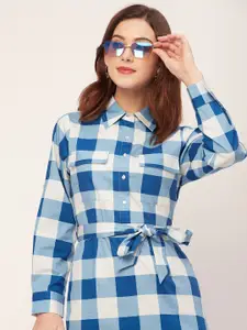 Moomaya Checked Printed Long Sleeves Spread Collar Cotton Shirt Dress