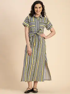 Moomaya Striped Cotton Straight Shirt Midi Dress