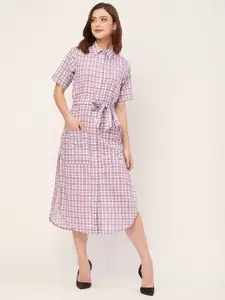 Moomaya Lavender Checked Spread Collar Shirt Midi Dress