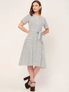 Moomaya Striped V Neck Short Sleeves A-Line Dress