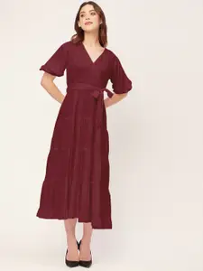 Moomaya V Neck Short Puff Sleeves Layered Fit & Flare Midi Dress with Belt