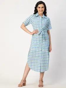 Moomaya Shirt Collar Checked Cotton Midi Dress