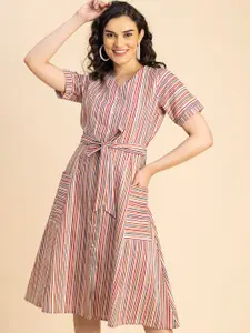 Moomaya Striped V Neck Short Sleeves A-Line Dress
