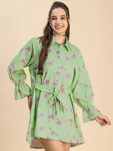 Moomaya Shirt Collar Floral Printed Bell Sleeve Shirt Cotton Dress