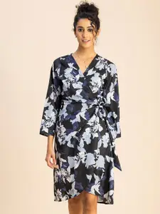 Moomaya V Neck Floral Print Crepe Wrap Dress with Belt