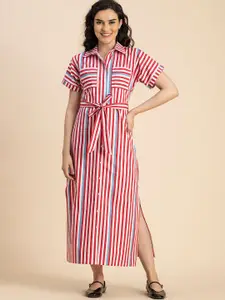 Moomaya Striped Cotton Shirt Collar Straight Maxi Shirt Dress