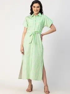 Moomaya Striped Spread Collar Short Sleeves Shirt Midi Dress