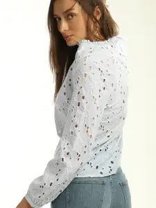 Vero Moda Sheer Floral Printed Mandarin Collar Puff Sleeves Casual Shirt