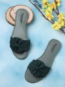 Shoestail Printed Bows Detail Open Toe Flats