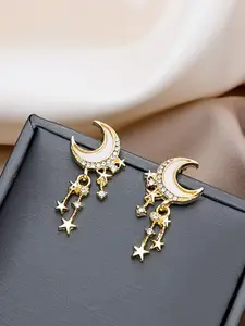 FIMBUL Gold-Plated Stainless Steel Stones Studded Crescent Shaped Drop Earrings