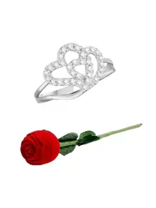 Vighnaharta Rhodium-Plated Cubic Zirconia-Studded Finger Ring With Rose Box