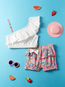 Nauti Nati Girls White & Pink Printed Top with Shorts