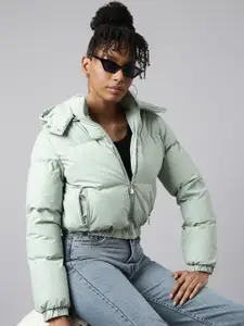 SHOWOFF Detachable Hood Long Sleeves Windcheater Crop Puffer Jacket