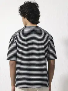 RARE RABBIT Round Neck Drop-Shoulder Sleeves Striped Cotton Slim Fit T-shirt