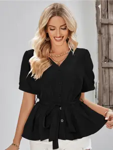 StyleCast Black V-neck Cuffed Sleeves Pleated Cinched Waist Top