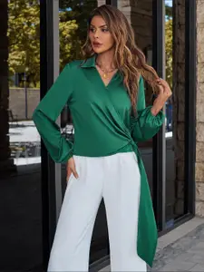 StyleCast Green Shirt Collar Long Sleeves Wrap Top