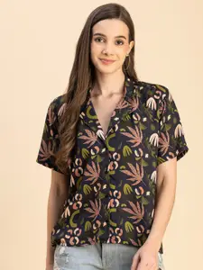Moomaya Floral Printed Shawl Collar Short Sleeves Opaque Casual Shirt