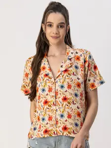 Moomaya Floral Printed Spread Collar Short Sleeves Casual Shirt