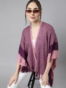 SHOWOFF Striped Shawl Collar Three-Quarter Sleeves Longline Poncho With Fringed Sweater