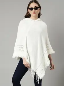 SHOWOFF Hooded Three-Quarter Sleeves Poncho with Fringed Detail