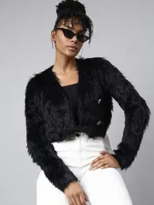 SHOWOFF Long Sleeves V Neck Crop Front Open With Fuzzy Detail Sweater