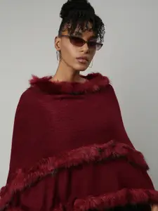 SHOWOFF Round Neck Long Sleeves Poncho with Fringed Detail