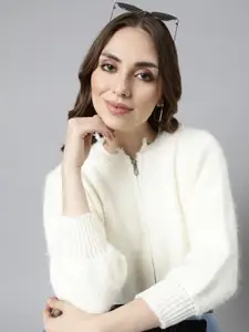 SHOWOFF Long Sleeves Hoody Crop Cardigan with Fuzzy Detail Sweater