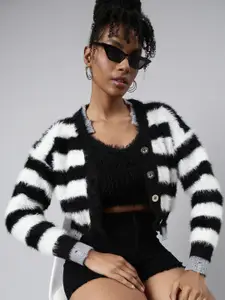 SHOWOFF Long Sleeves V Line Striped Regular Cardigan with Fuzzy Sweater