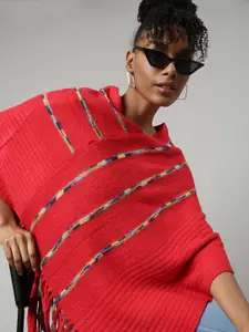 SHOWOFF V-Neck Three-Quarter Sleeves Striped Longline Poncho with Fringed Detail