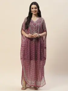 Meena Bazaar Women Purple Printed Flared Sleeves Sequinned Georgette Kurta