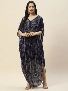 Meena Bazaar Floral Printed V-Neck Flared Sleeves Georgette Kaftan Kurta With Inner
