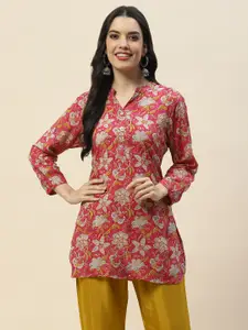 Meena Bazaar Floral Printed Mandarin Collar Cotton Straight Kurti