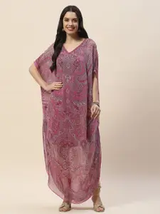 Meena Bazaar Women Purple Embroidered Flared Sleeves Chikankari Georgette Kaftan Kurta