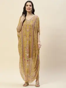 Meena Bazaar Women Mustard Yellow Geometric Embroidered Flared Sleeves Georgette Kaftan Kurta