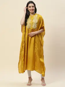 Meena Bazaar Women Mustard Yellow Dyed Flared Sleeves Thread Work Kurta