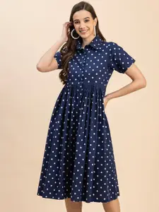 Moomaya Polka Dot Print Shirt Cotton Midi Dress
