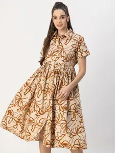 Moomaya Printed Short Sleeves Spread Collar Cotton Fit And Flare Dress