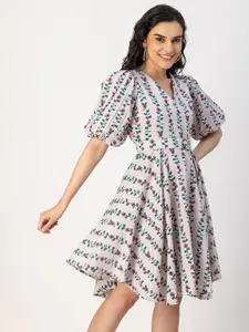 Moomaya Floral Printed Puff Sleeves V Neck Cotton Fit And Flare Dress