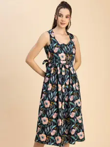 Moomaya Floral Print Shoulder Straps Sleeveless Fit & Flare Dress