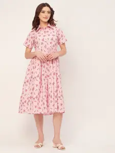 Moomaya Floral Print Cotton Shirt Midi Dress