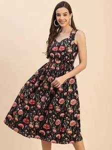 Moomaya Floral Printed Sleeveless Sweetheart Neck Fit And Flare Dress