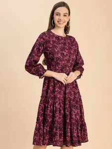 Moomaya Floral Print Puff Sleeve Fit & Flare Dress