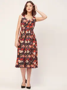 Moomaya Floral Print Sleeves Fit & Flare Midi Dress
