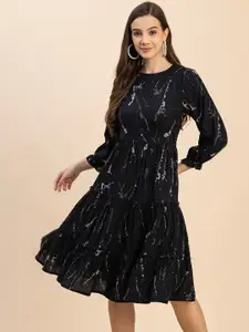 Moomaya Abstract Print Round Neck Long Puff Sleeve Fit & Flare Tiered Dress