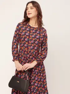 Moomaya Floral Print Puff Sleeve Tiered Dress