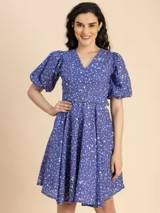 Moomaya Floral Print Puff Sleeve Cotton Fit & Flare Dress