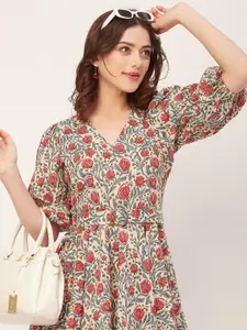 Moomaya Floral Printed Short Sleeves V Neck Cotton Fit And Flare Dress