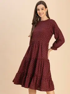 Moomaya Round Neck Polka Dot Print Fit & Flare Dress