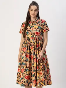 Moomaya Shirt Collar Short Sleeves Floral Print Cotton Fit & Flare Midi Dress